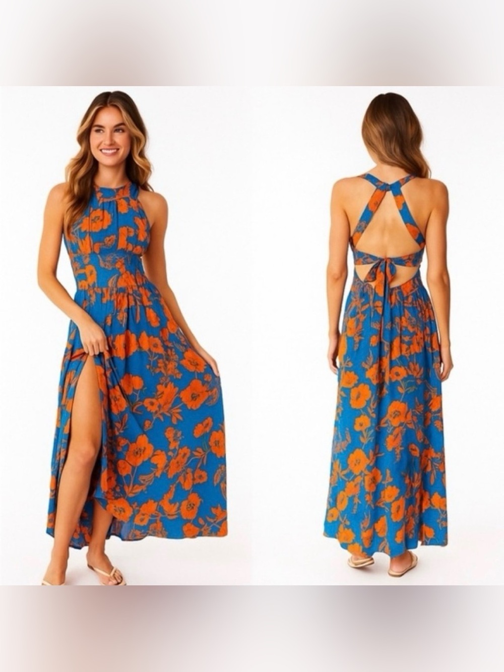 Floral Halter Maxi Dress with Open Back - Blue & Orange